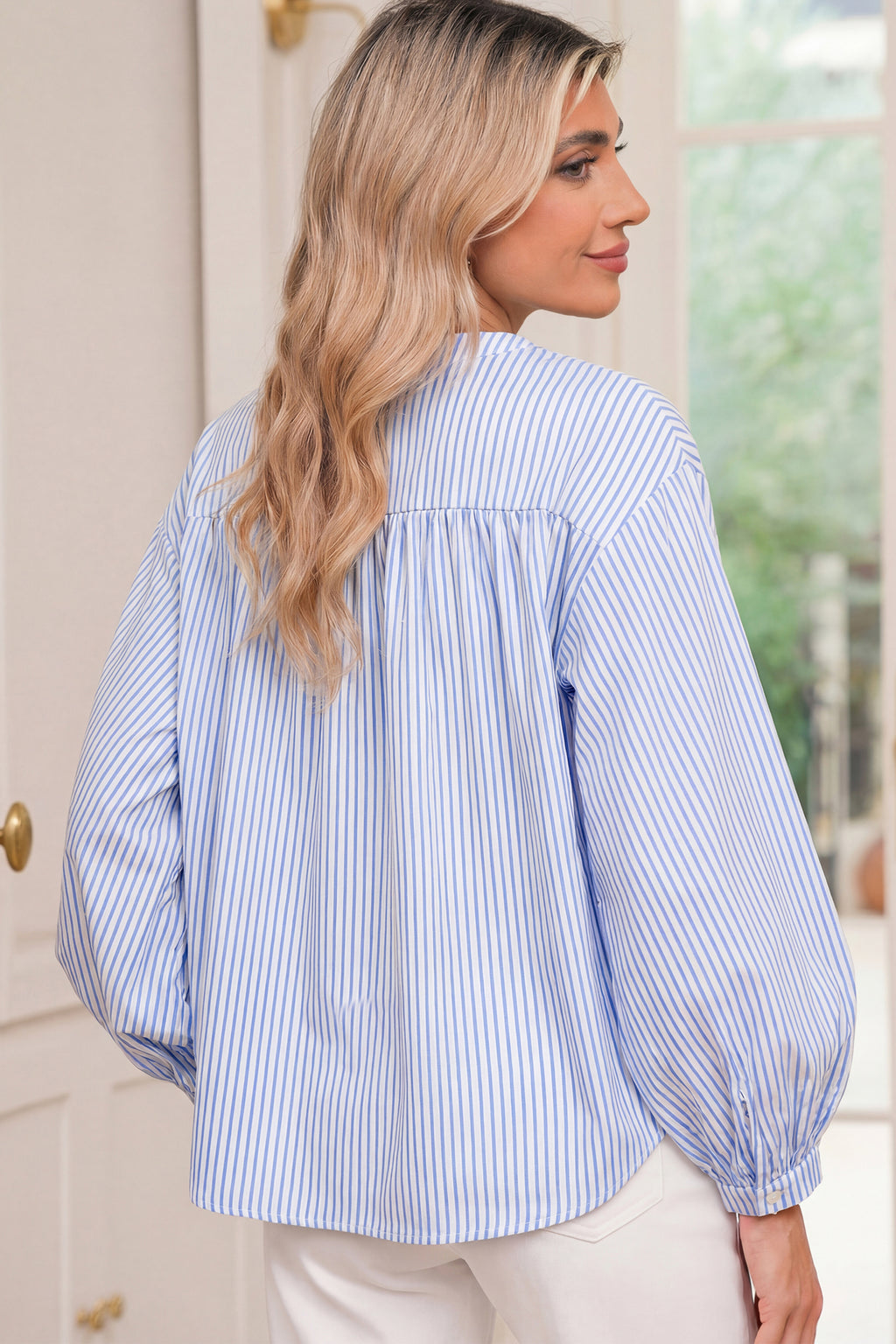 Sky Blue Stripe Floral Embroidered Billowy Sleeve Tunic Baggy Shirt 🇺🇸