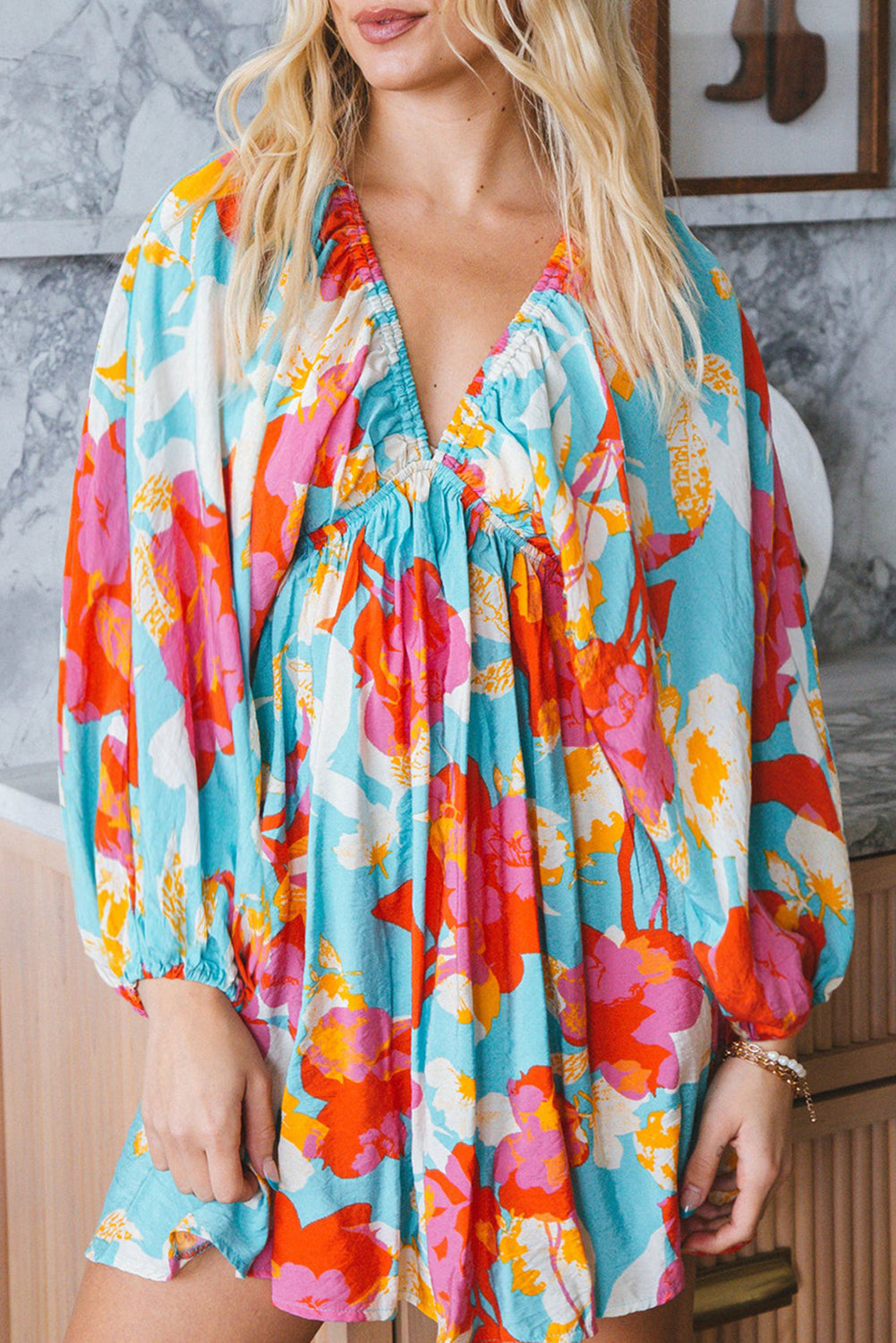 Sky Blue Floral Bracelet Sleeve Empire Waist Mini Dress 🇺🇸
