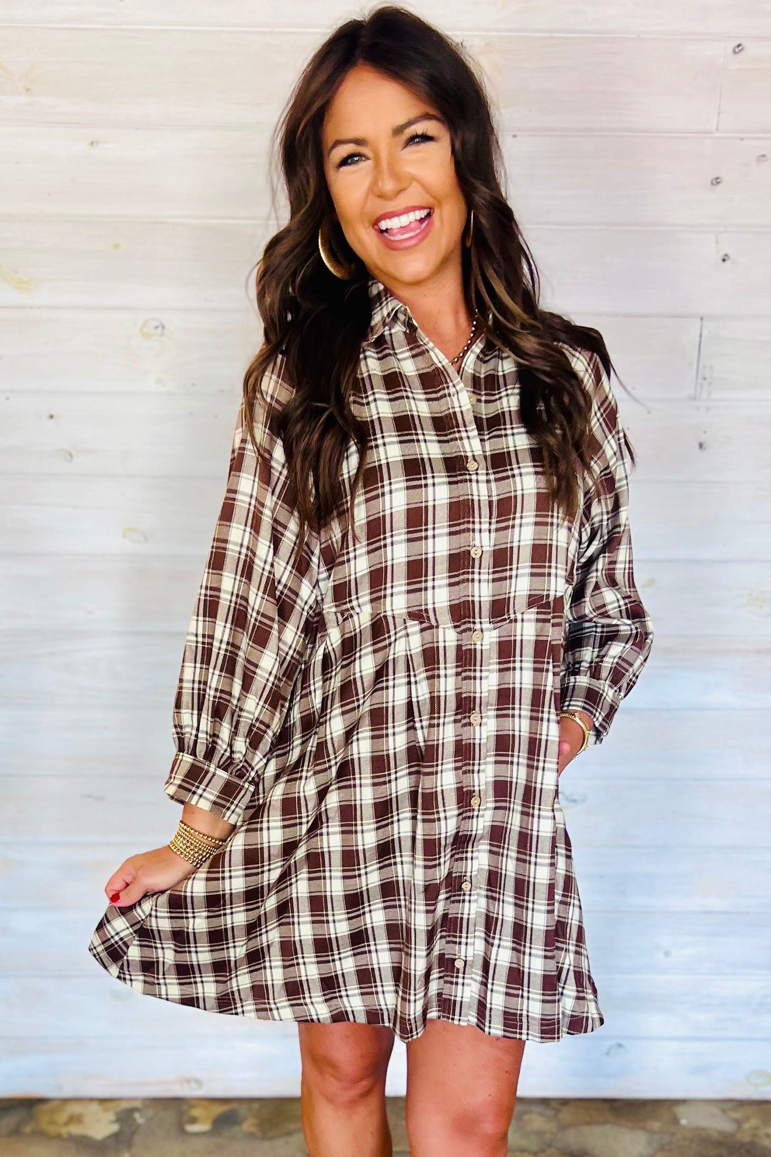 Brown Plaid Long Sleeve Short Shift Mini Dress 🇺🇸