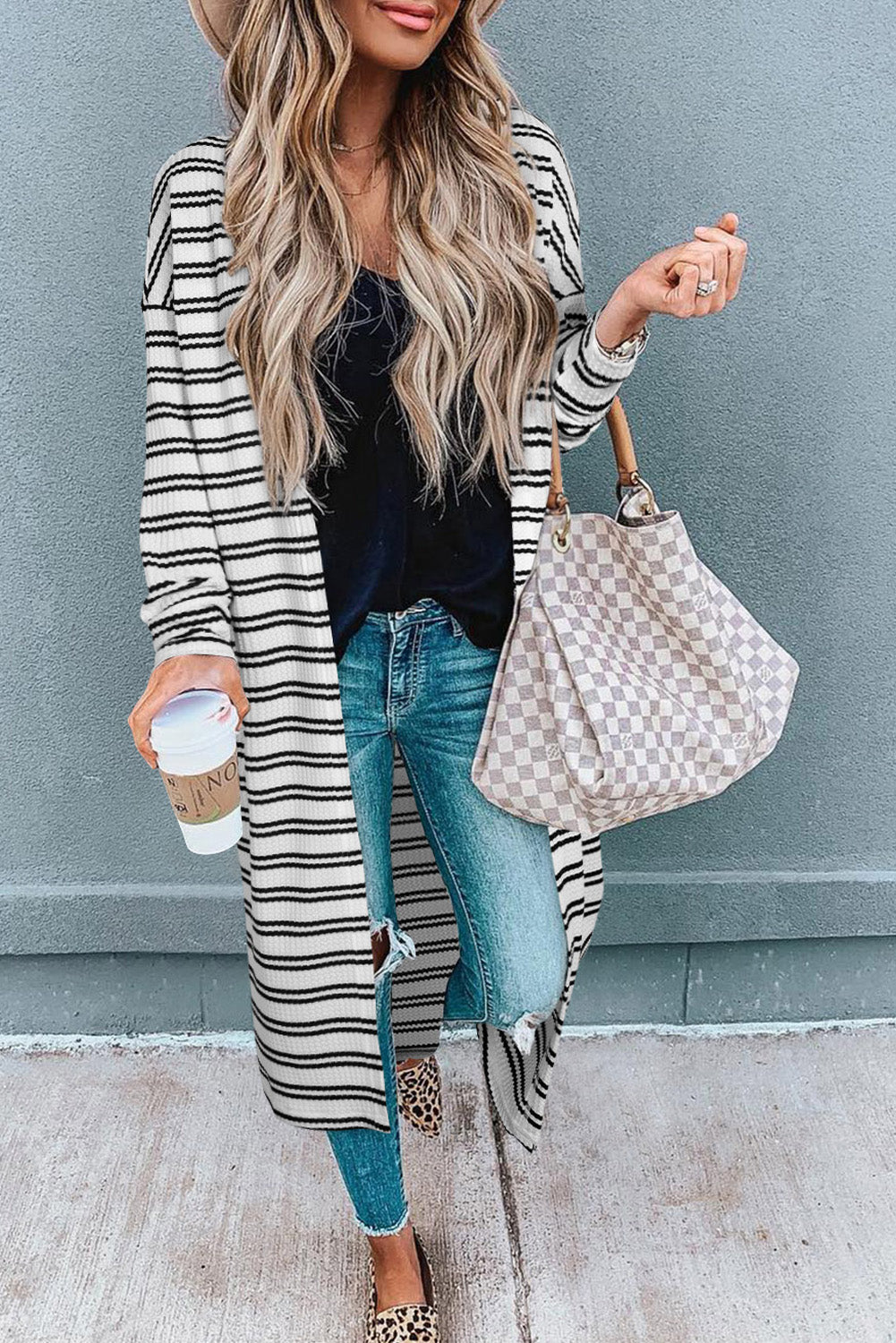 Black Stripe Print Open Front Duster Cardigan 🇺🇲