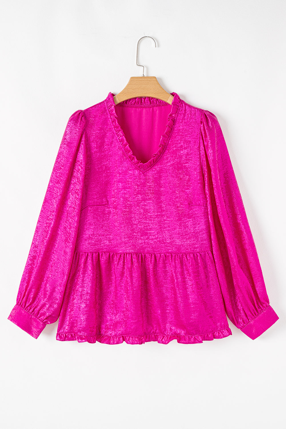 Rose Red Metallic Frilled V Neck Puff Sleeve Babydoll Blouse 🇺🇲