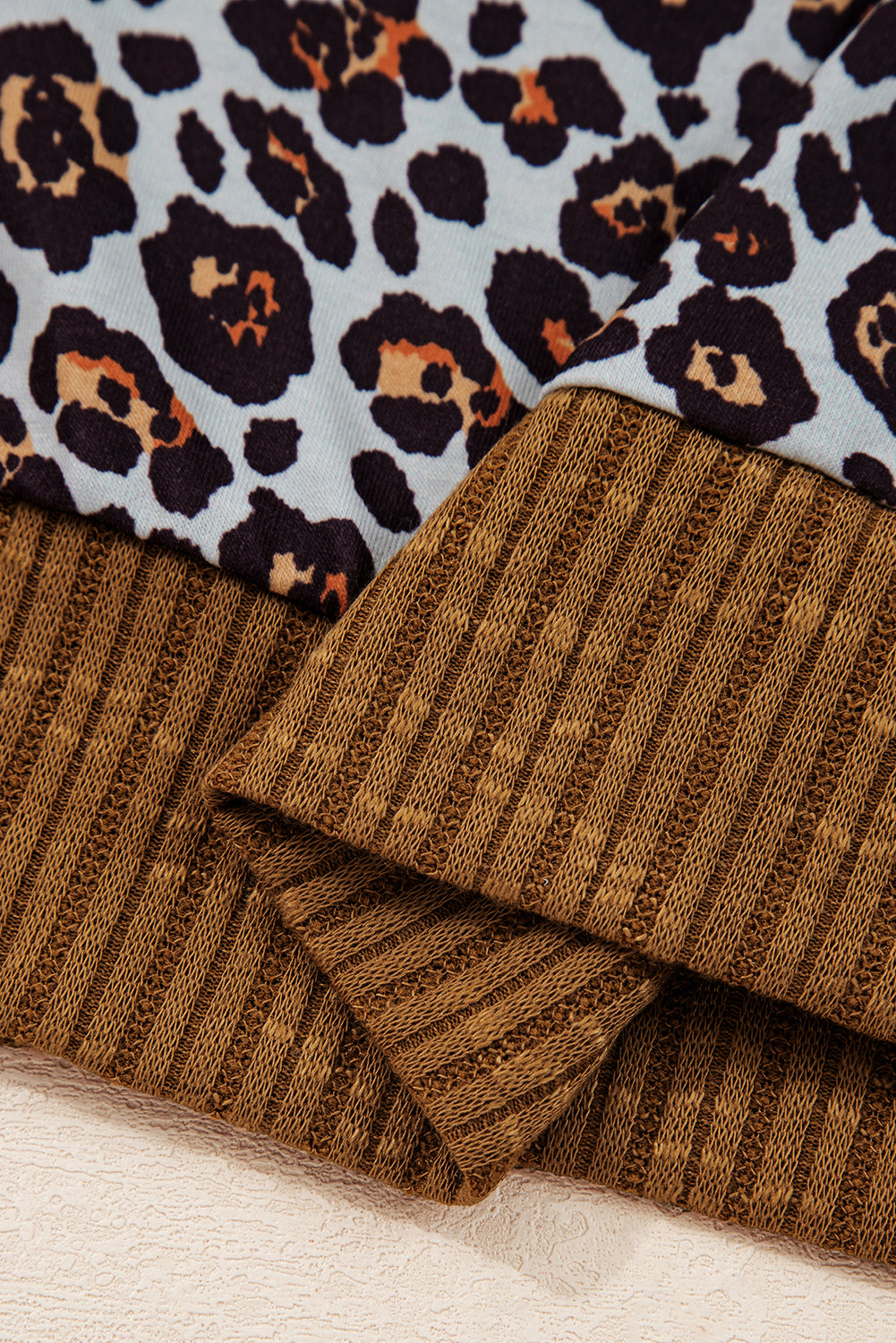 Brown Leopard Floral Print Ribbed Puff Sleeve Patchwork Loose Pullover 🇺🇸