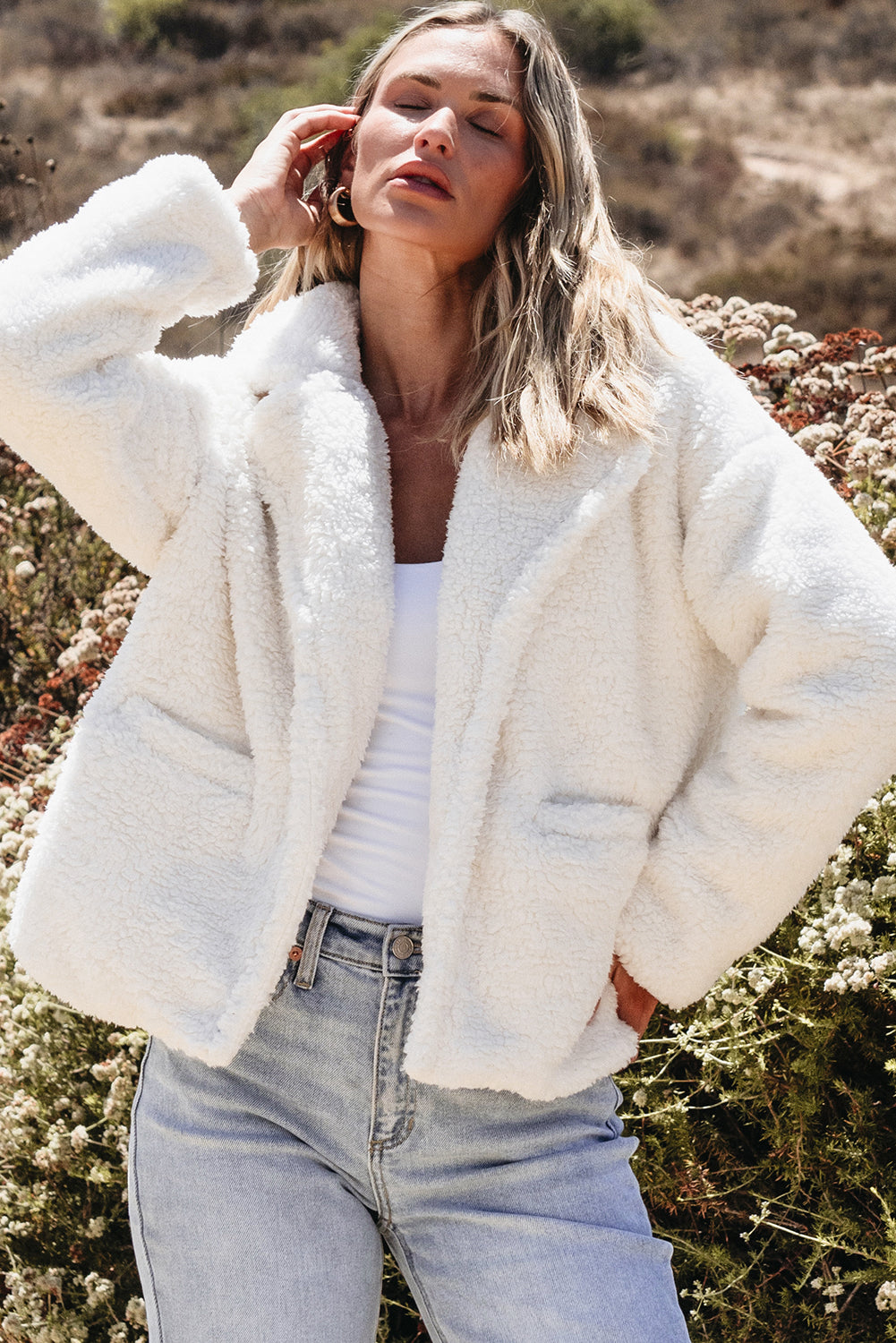 Beige Faux Fur Button Pocketed Lapel Collar Jacket 🇺🇲