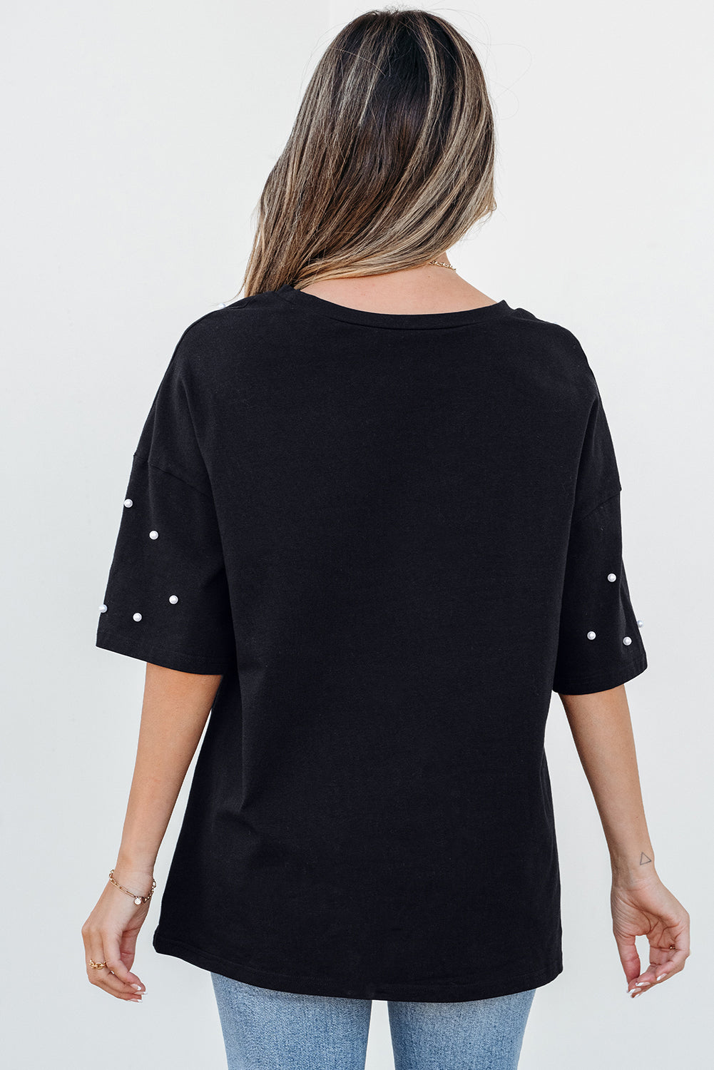 Black Pearl Beaded Drop Shoulder Crewneck T Shirt 🇨🇳