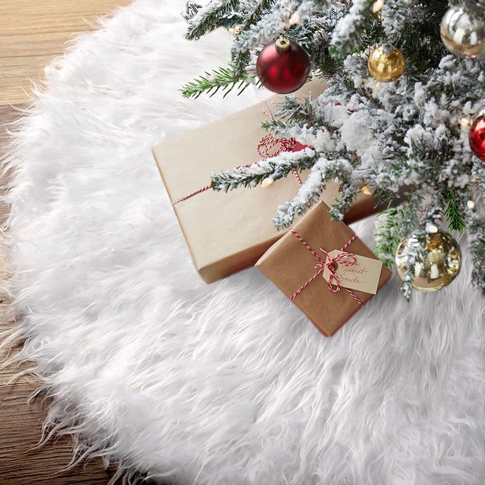 White Christmas Tree Skirt Plush Faux Fur Xmas Carpet Tree Decoration 🇬🇧