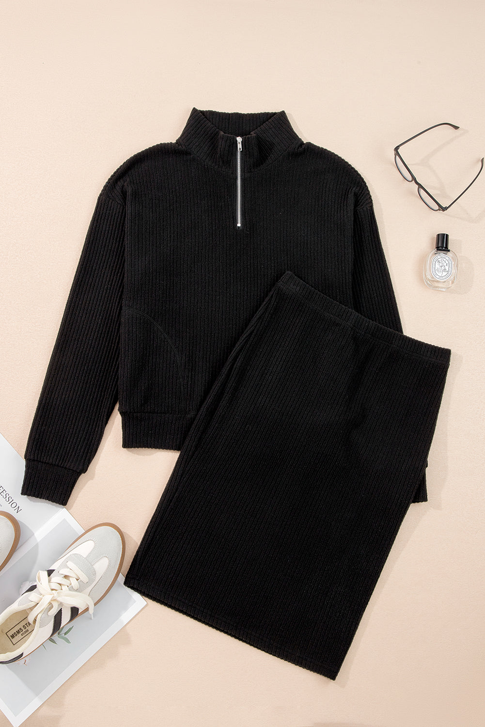 Black Ribbed Zip Stand Neck Drop Shoulder Pullover Bodycon Skirt 2pcs Set 🇺🇸