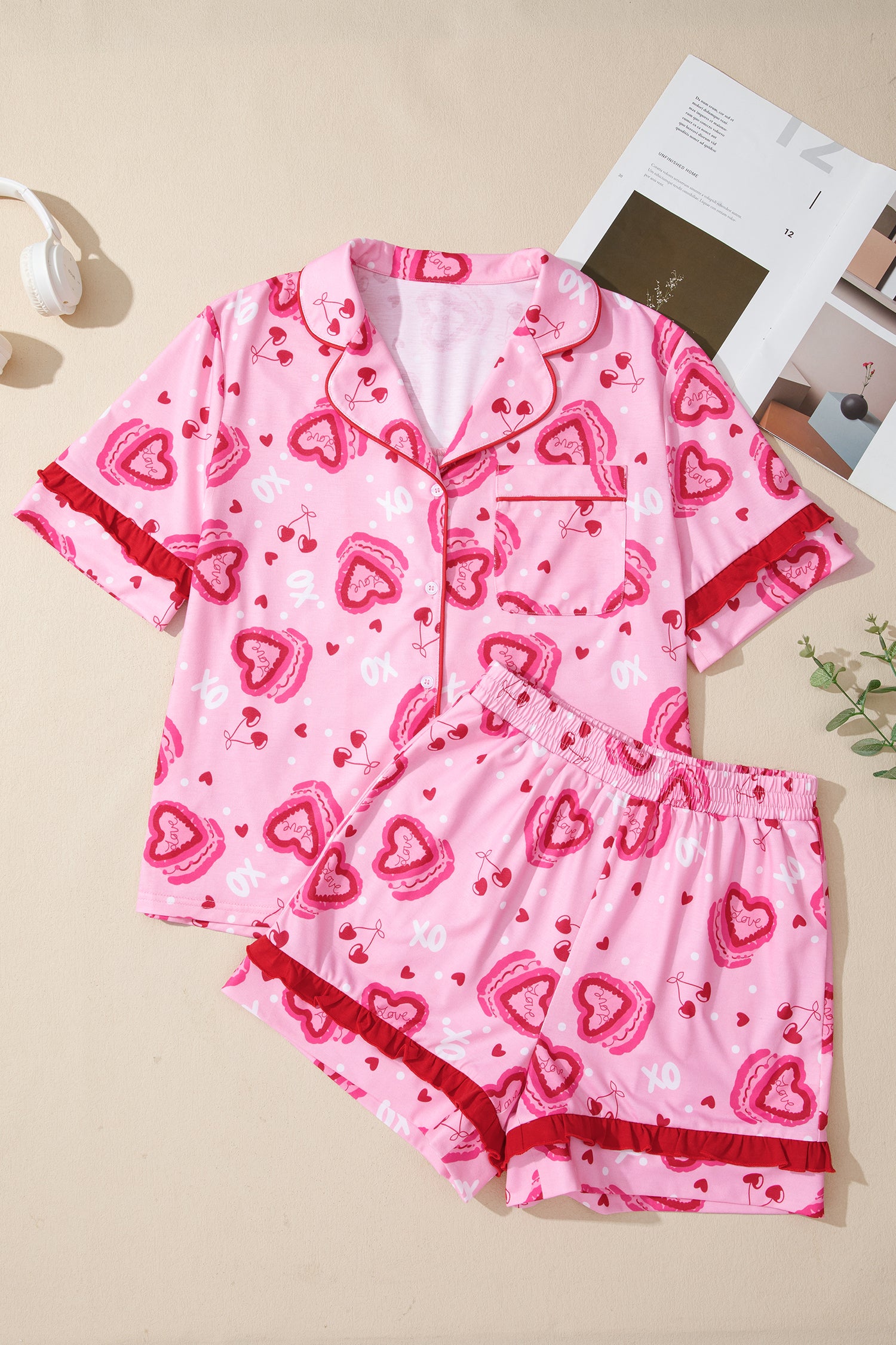 Pink Sweet Heart Cake Print Contrast Ruffle Trim Valentines 2pcs Pajama Set 🇺🇸