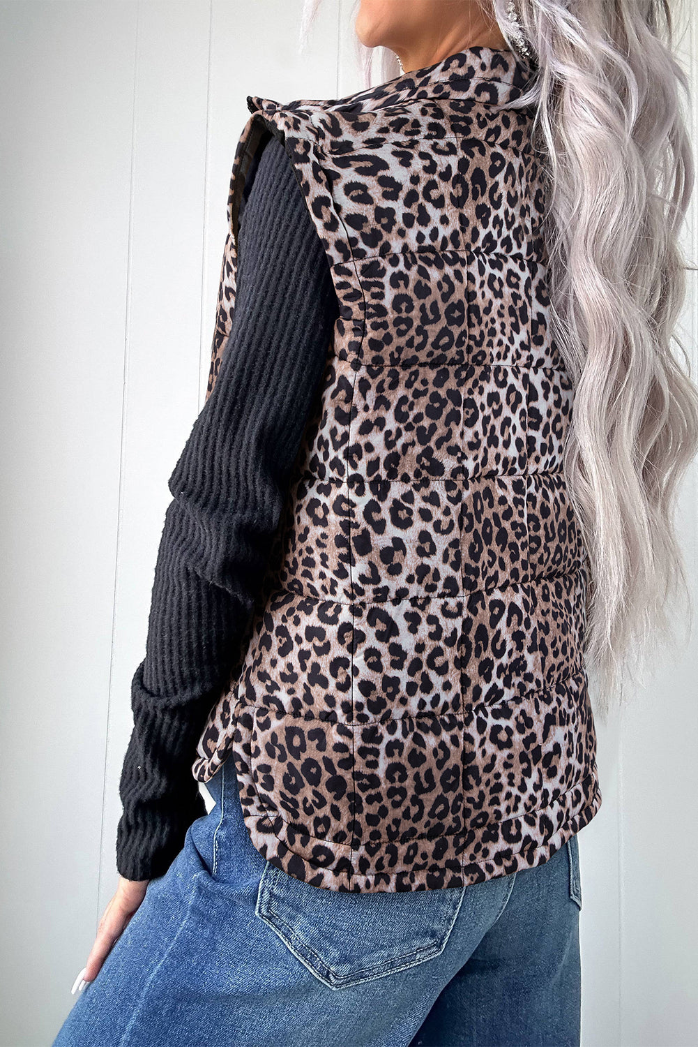 Brown Leopard Quilted Full Zipper Casual Puff Vest 🇺🇸