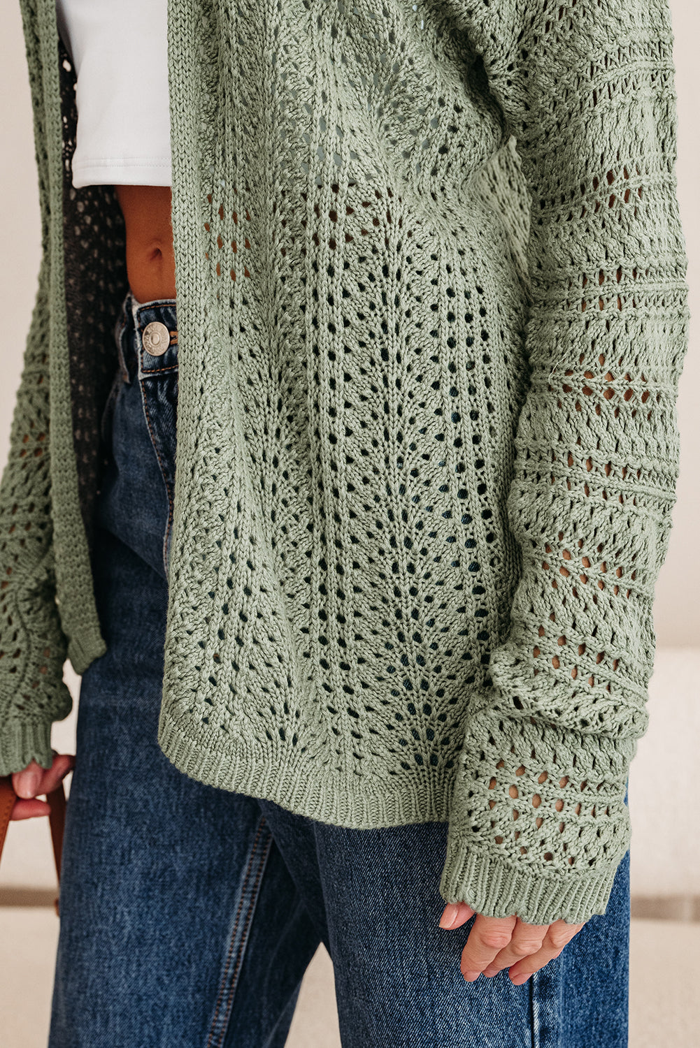 Green Bay Scalloped Edge Eyelet Knit Batwing Sleeve Cardigan 🇺🇸