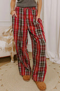 Red Plaid Elastic Waist Pocket Regular Full-Length Pants 🇺🇸