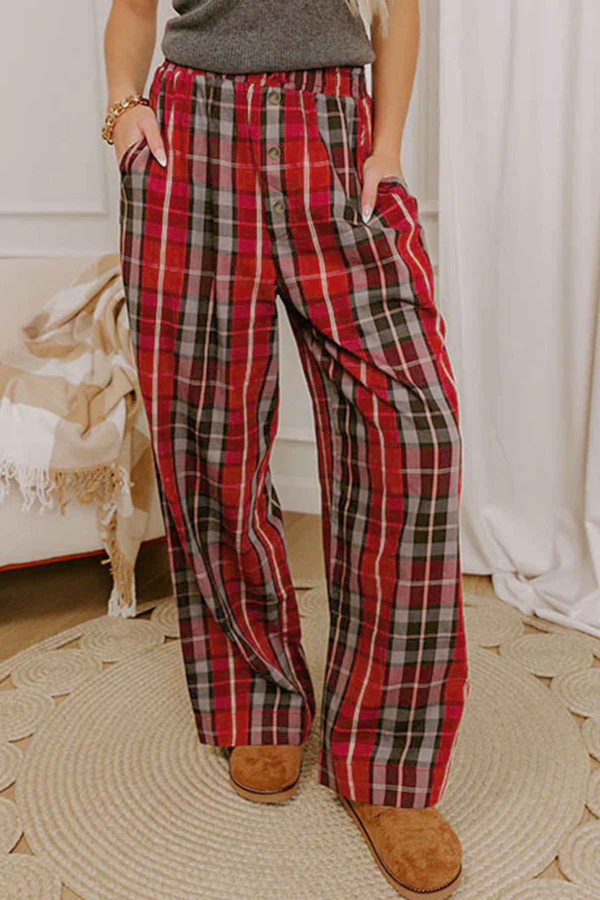 Red Plaid Elastic Waist Pocket Regular Full-Length Pants 🇺🇸