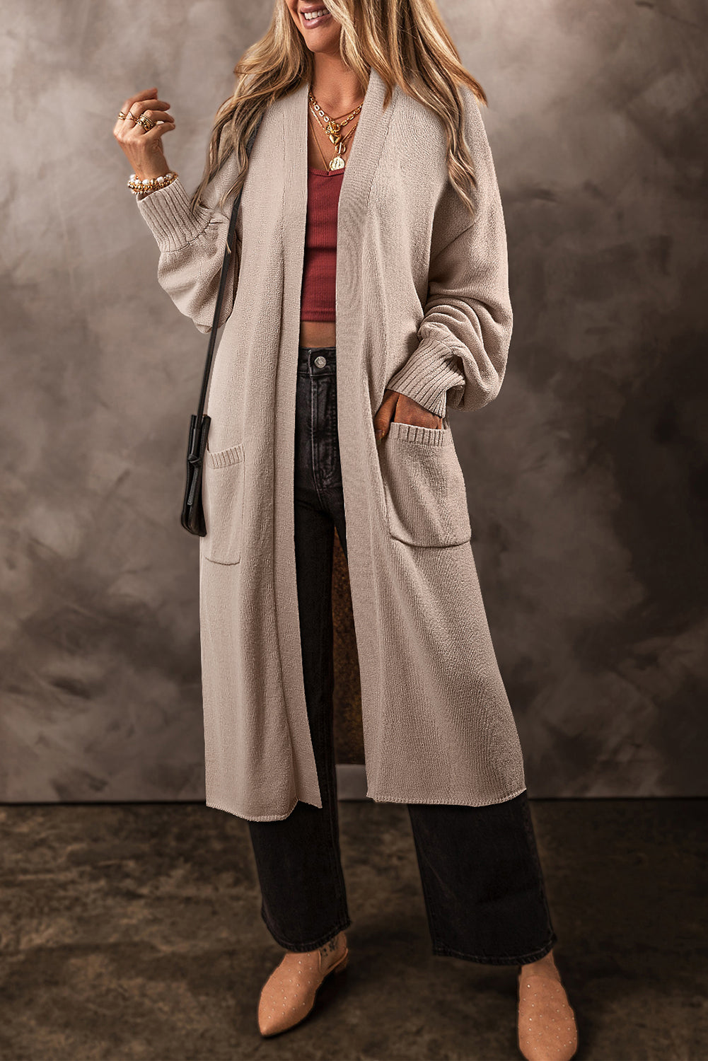 Beige Side Pockets Open Front Long Knitted Cardigan 🇨🇳
