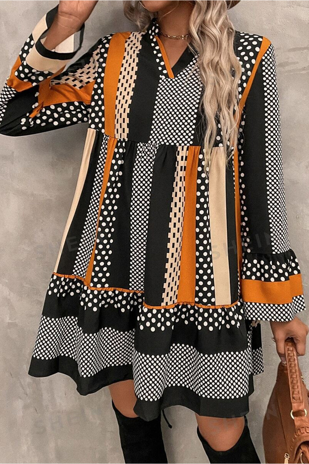 Black Striped Polka Dot Print Ruffled Hem V Neck Mini Dress 🇺🇸