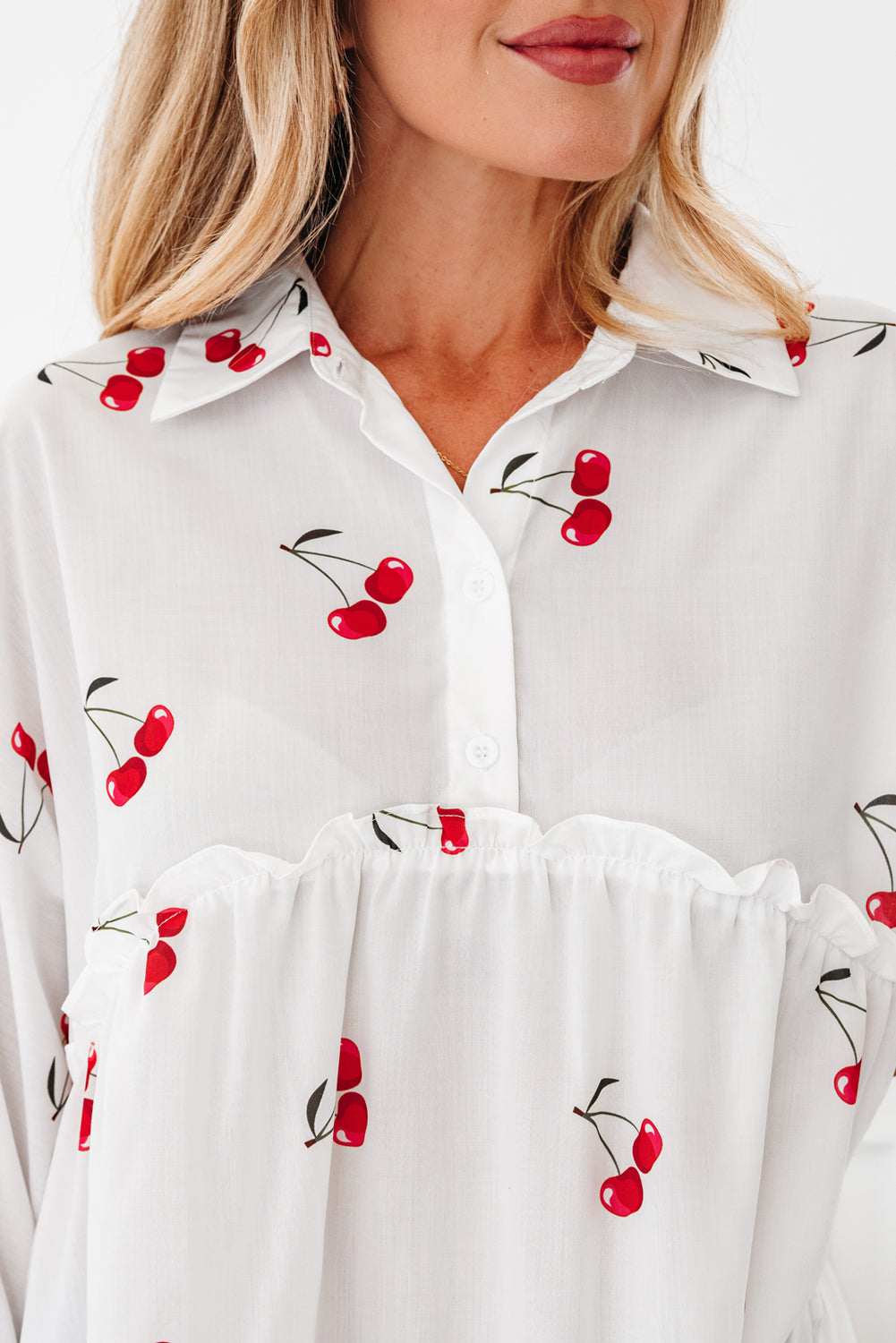 White Cherry Print Flounce Sleeve Collared Frilled Babydoll Blouse 🇺🇸