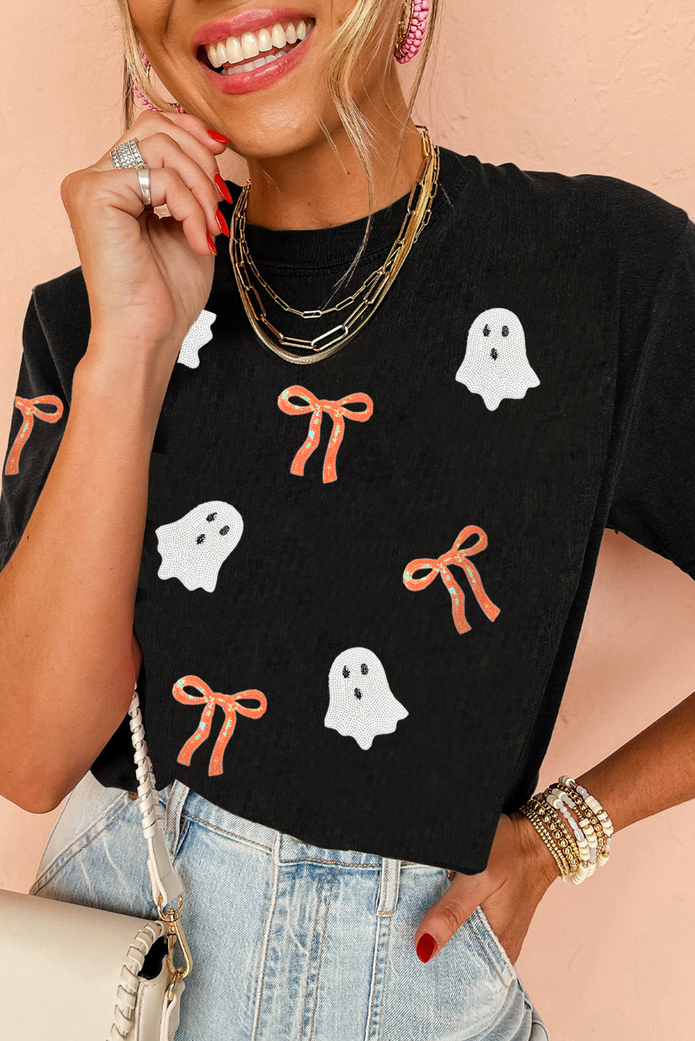 Black Sequin Bow Ghost Patched Halloween Graphic Tee 🇺🇸