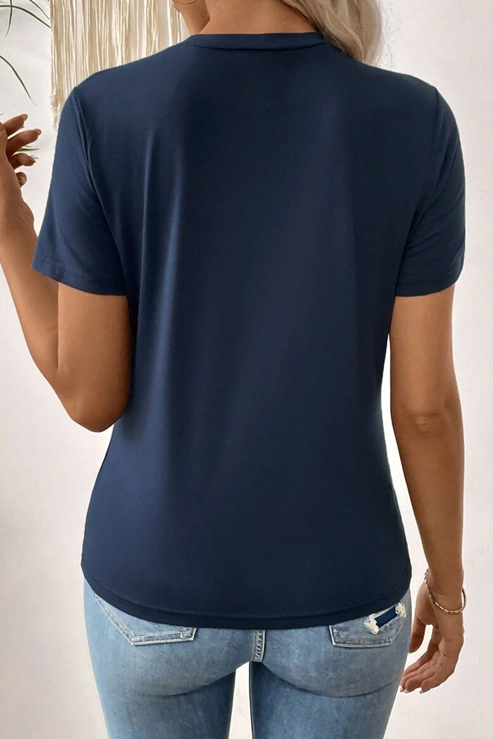 Dirty blue Solid Color Toothpick Stripe Round Neck T Shirt 🇨🇳