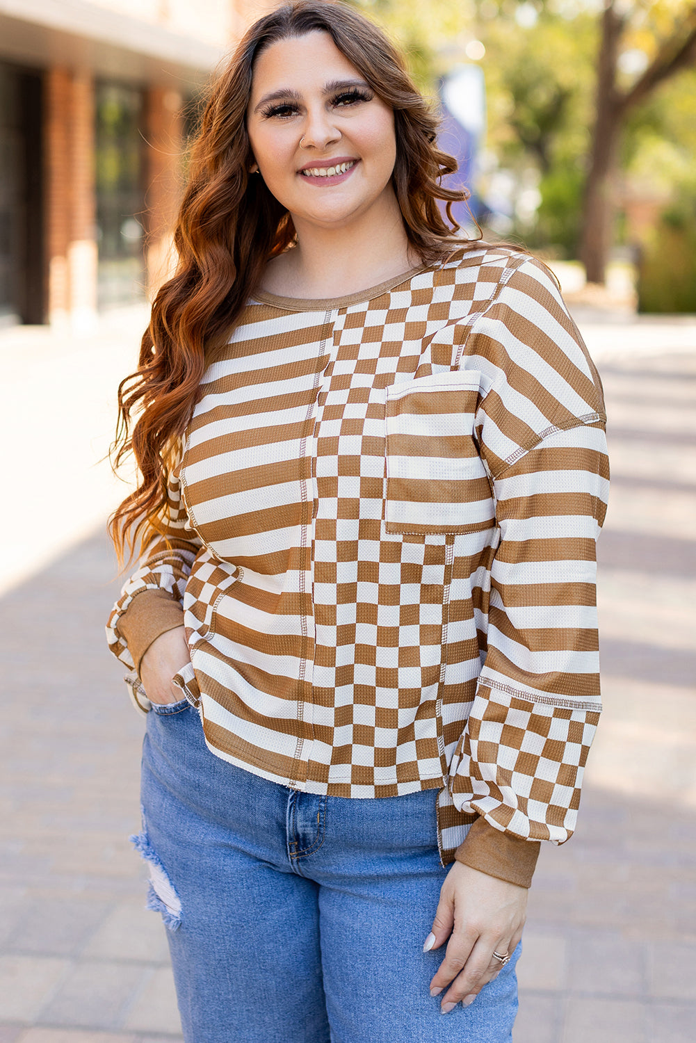 Khaki Striped Checkered Mixed Print Chest Pocket Casual Plus Size Top 🇺🇸