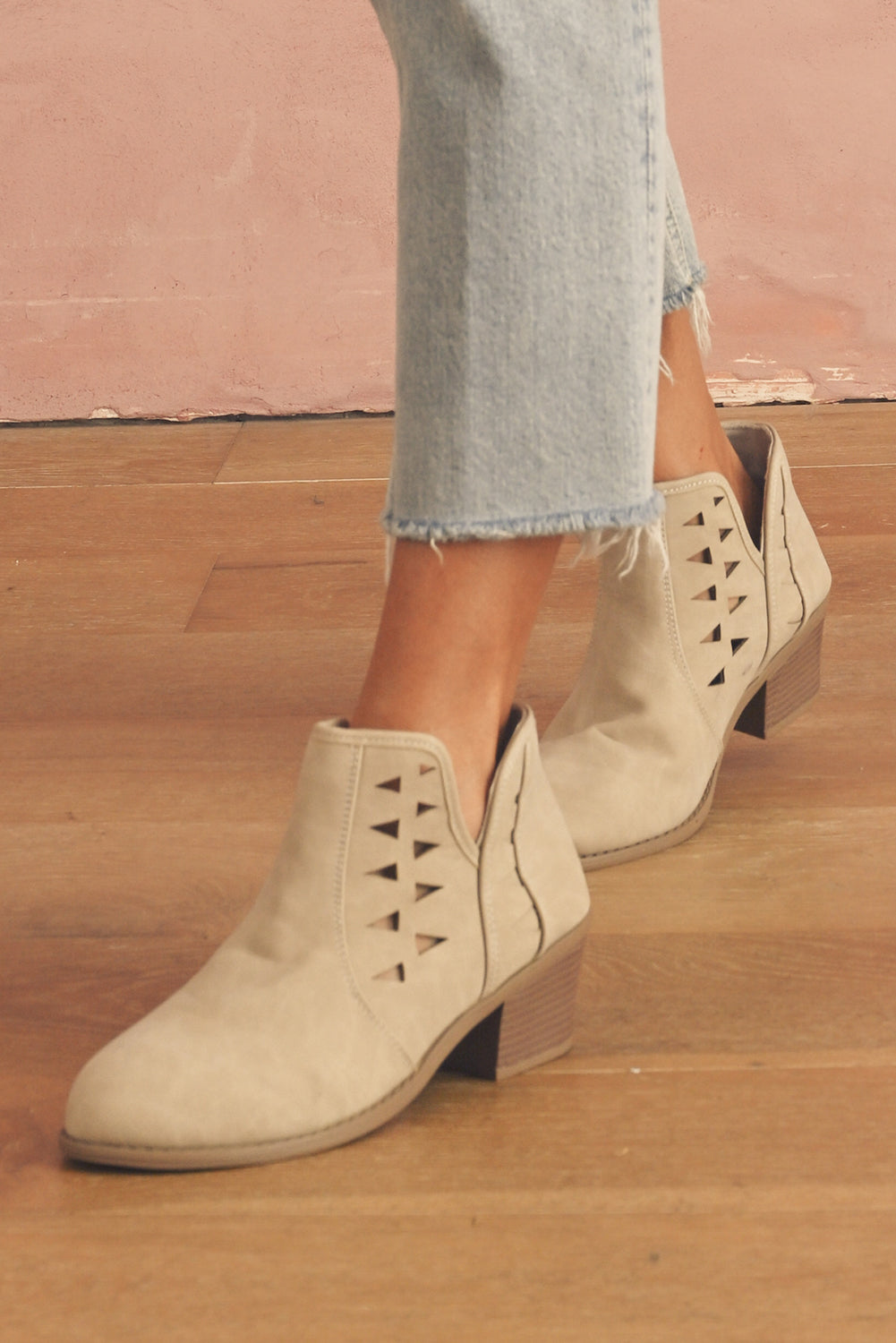 Parchment Cut Out Suede Pointed Toe Heeled Ankle Boots 🇺🇸