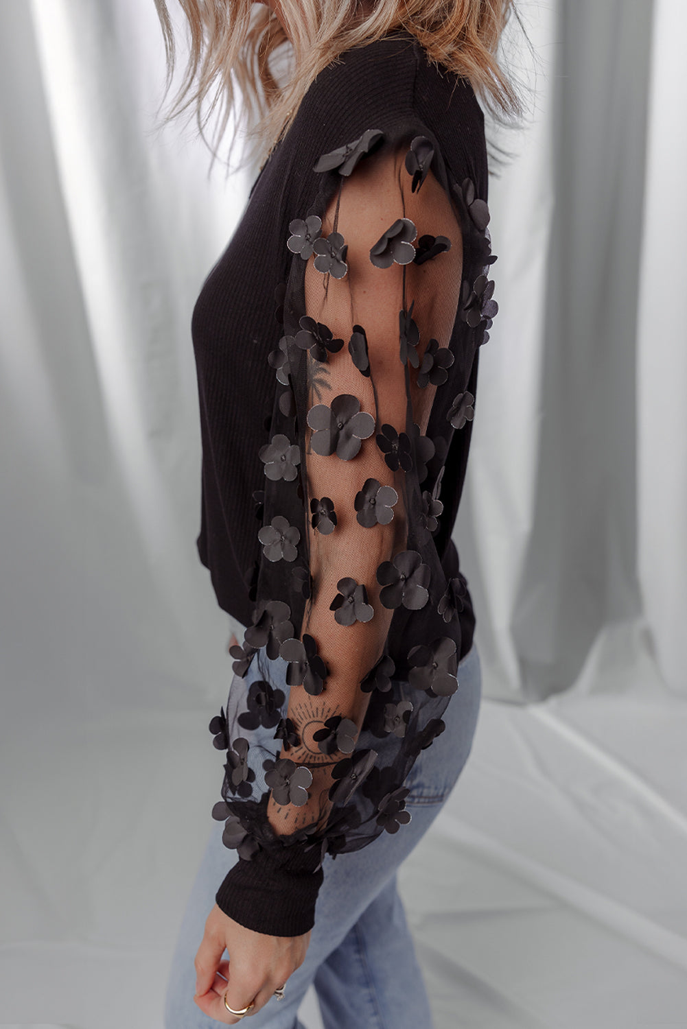 Black Flower Applique Mesh Long Sleeve V Neck Blouse 🇺🇸