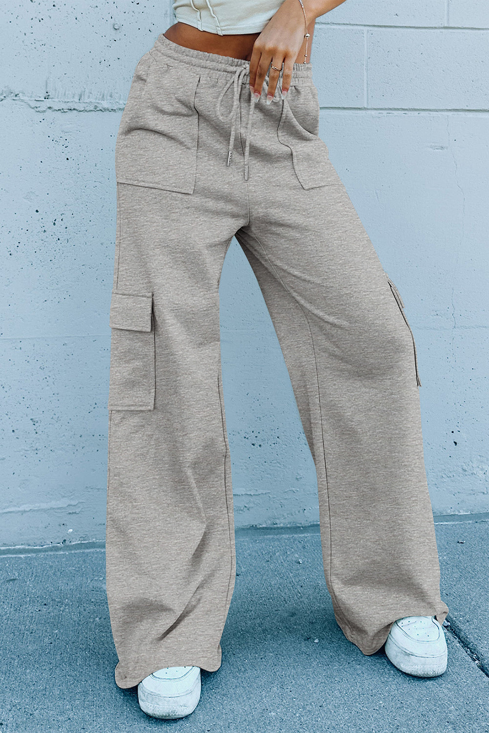 Light Grey Multi Pockets Lace-up High Waist Wide Leg Workout Pants 🇺🇲