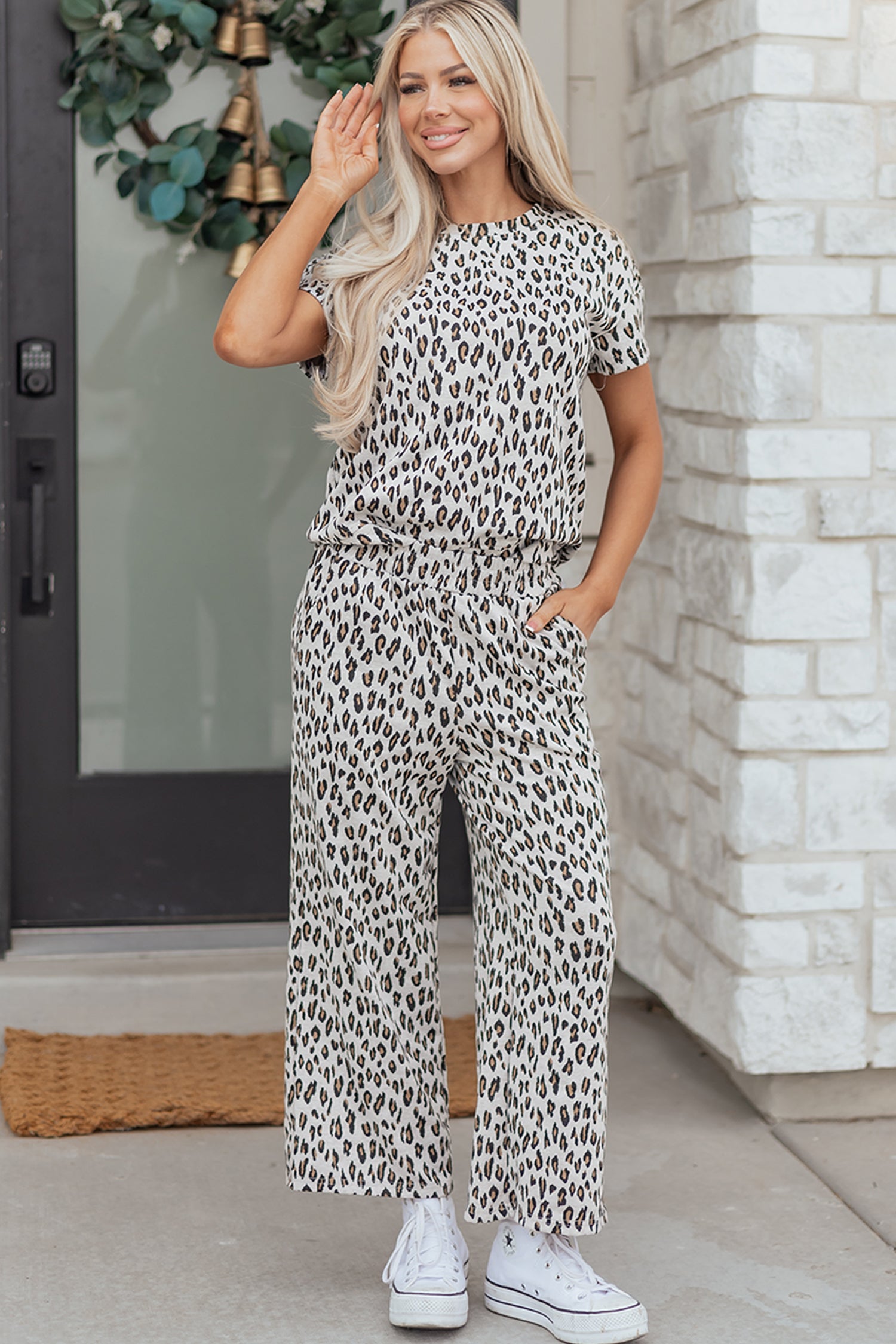 Beige Leopard Print Casual Tee and Pants 2pcs Outfit 🇺🇸