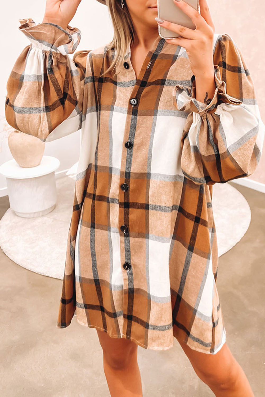 Khaki Plaid Pattern Collared Neck Ruffled Sleeve Shirt Dress 🇺🇸