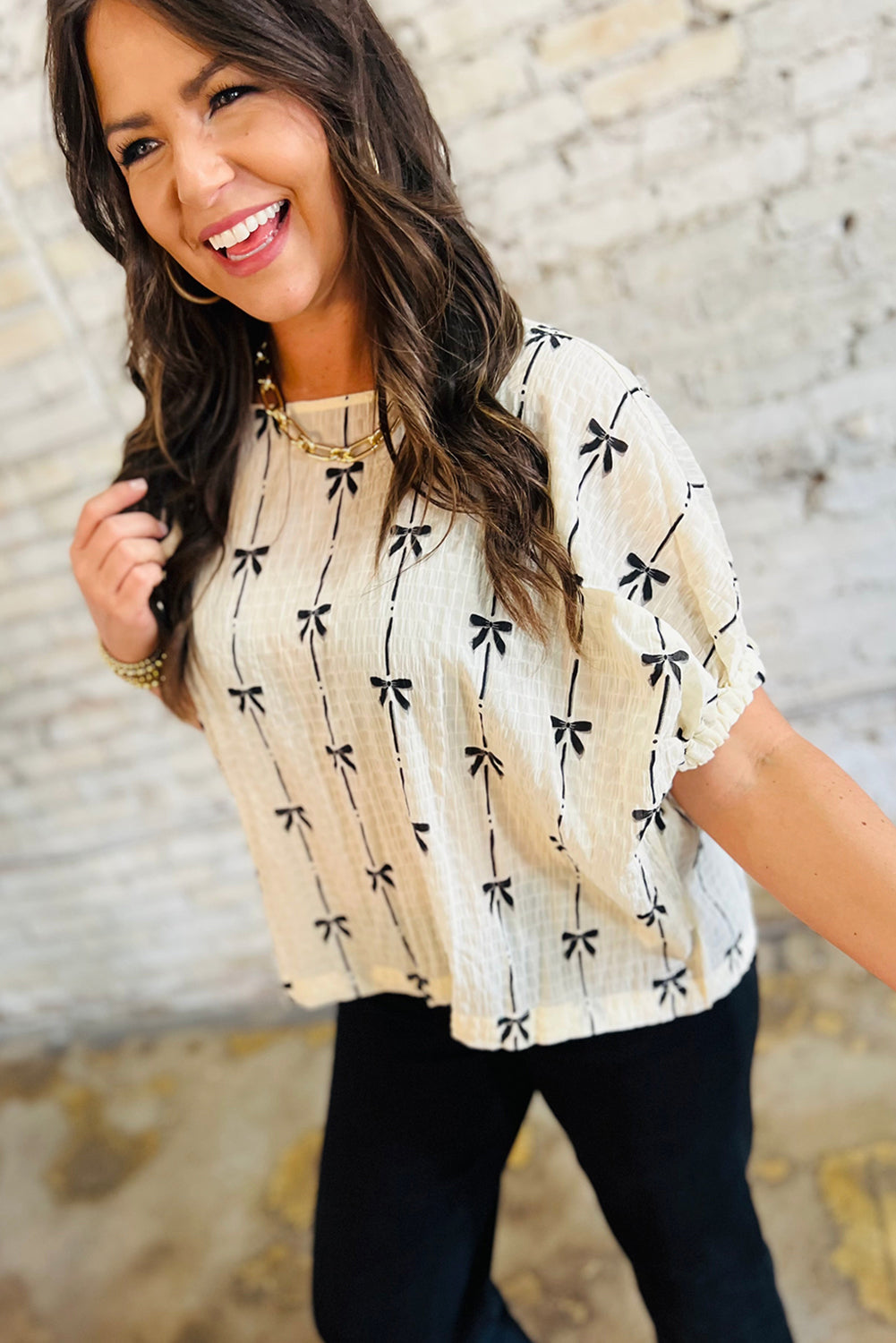 Beige Bow Print Puff Short Sleeve Top 🇺🇸