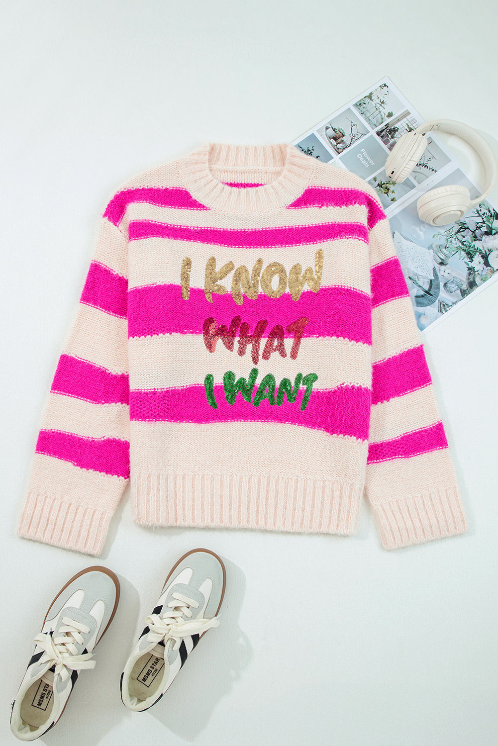 Rose Red I KNOW WHAT I WANT Sequin Letter Graphic Colorblock Loose Sweater 🇺🇸