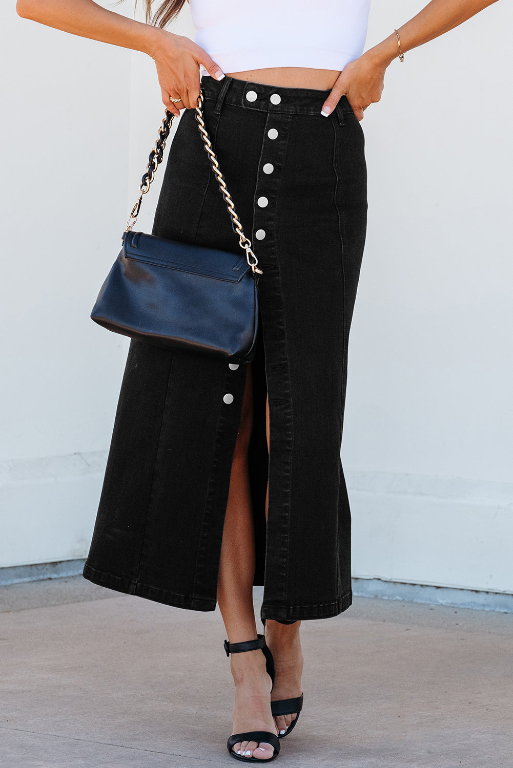 Black Button Fly Side Split High Waist Denim Midi Skirt 🇨🇳