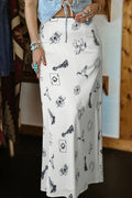 White Western Print Satin Long Skirt 🇺🇸