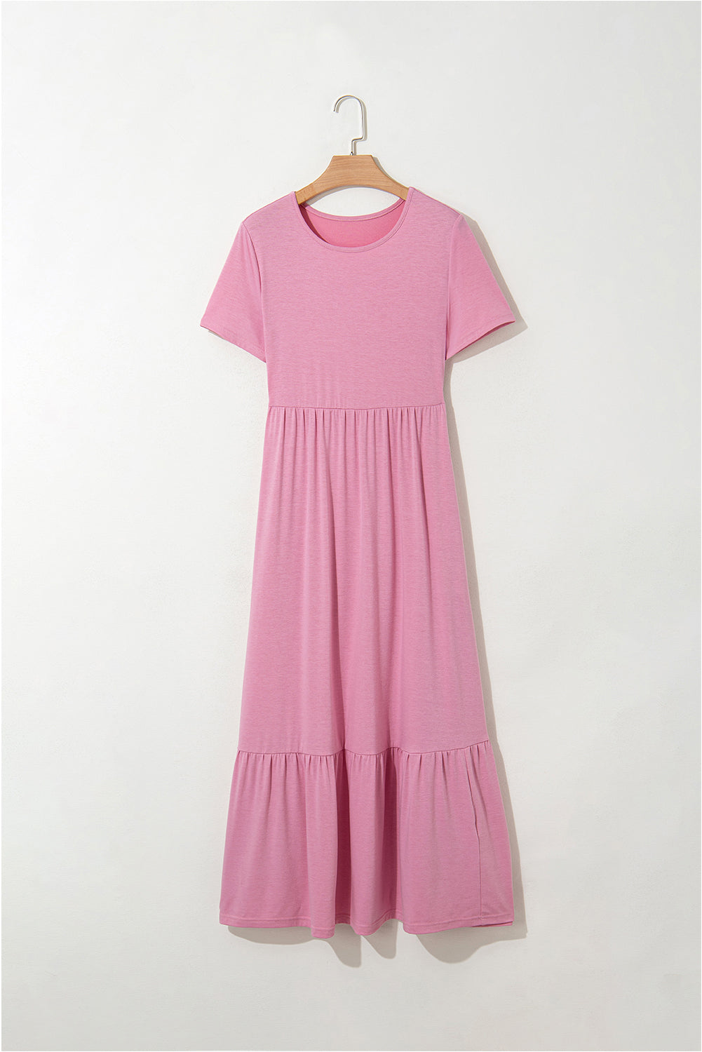 Pink Solid Color T-shirt High Waist Pocketed Long Dress 🇨🇳