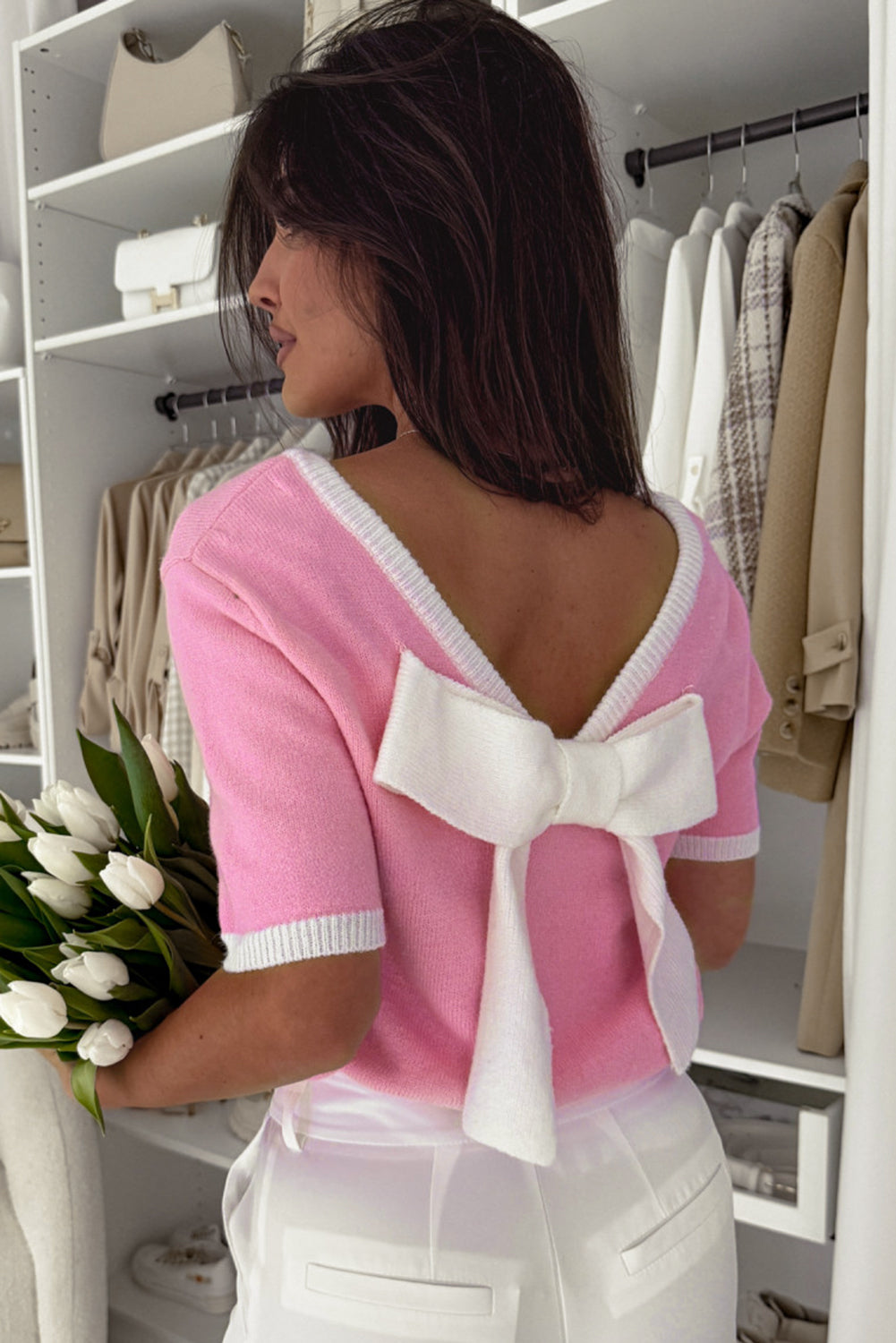 Bonbon Colorblock Bow V-Shape Cut Back Short Sleeve Sweater 🇨🇳