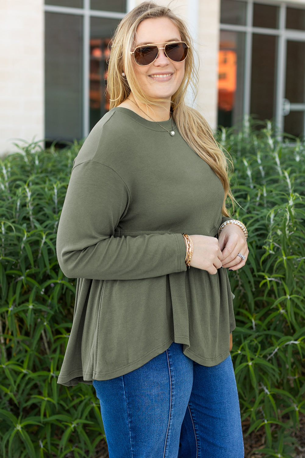 Mist Green Plus Size Thermal Knitted Babydoll Flare Top 🇺🇸
