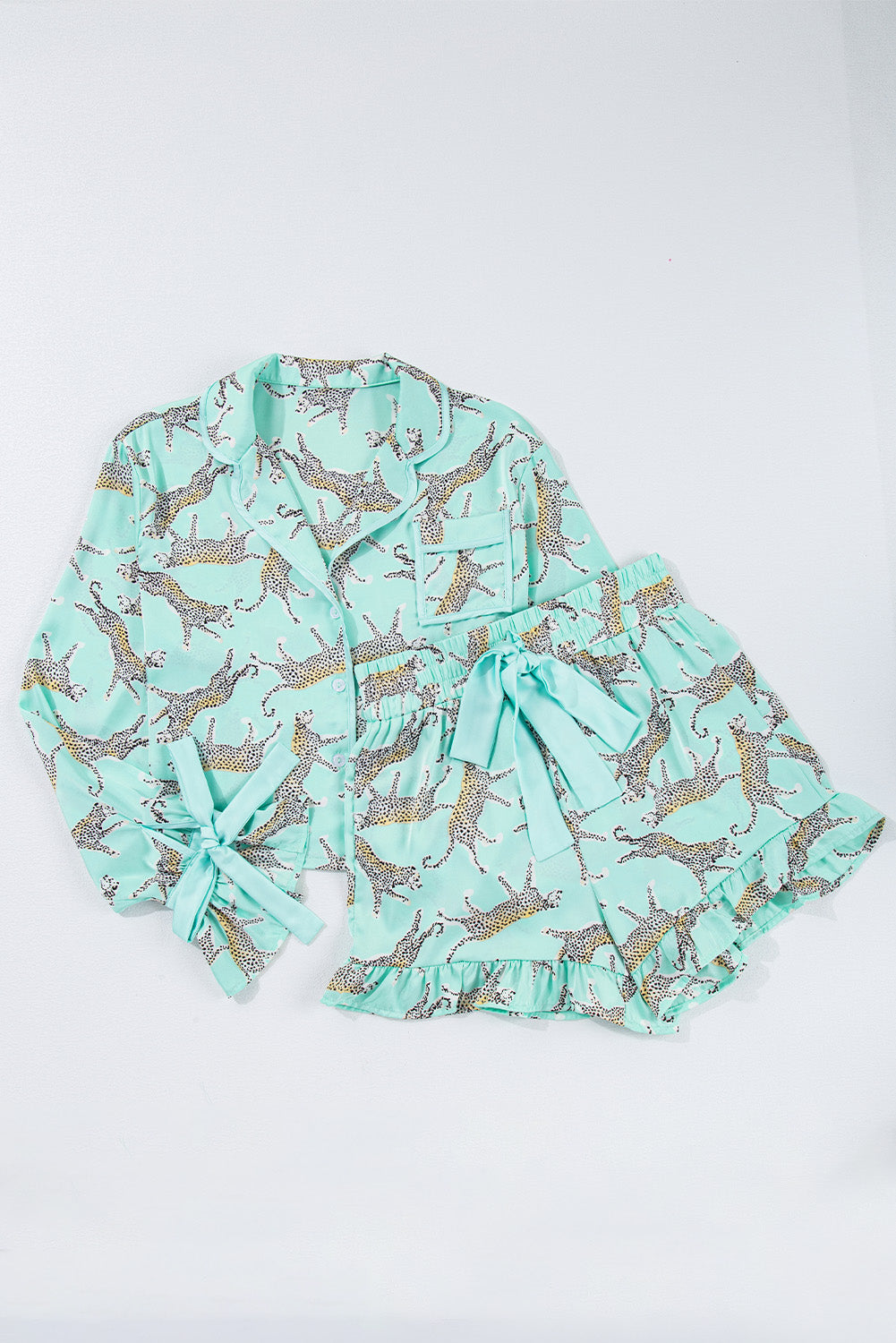 Green Leopard Satin Ruffle Pajama Short Set 🇨🇳