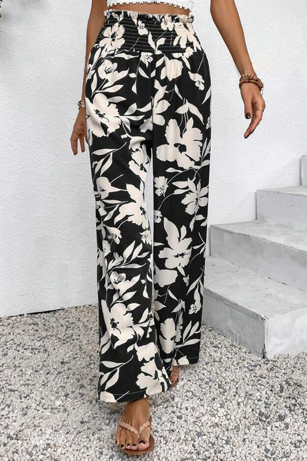Black Floral Print Smocked High Waist Wide Leg Pants 🇨🇳