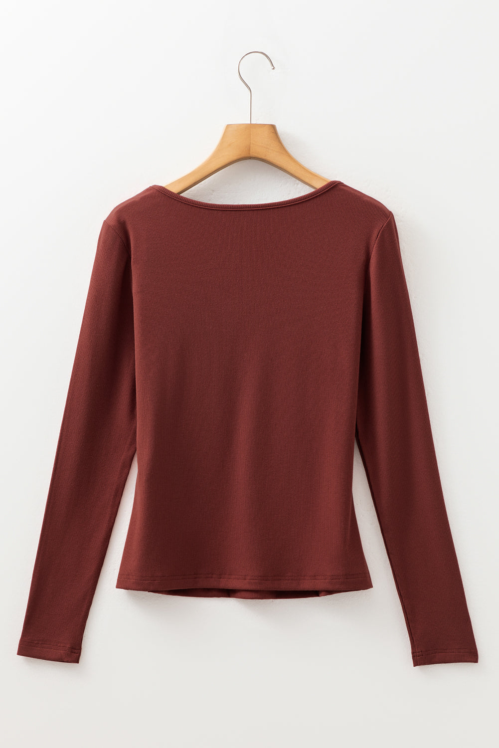 Burgundy Gathered Bust Square Neck Ribbed Fit Long Sleeve Top 🇺🇸