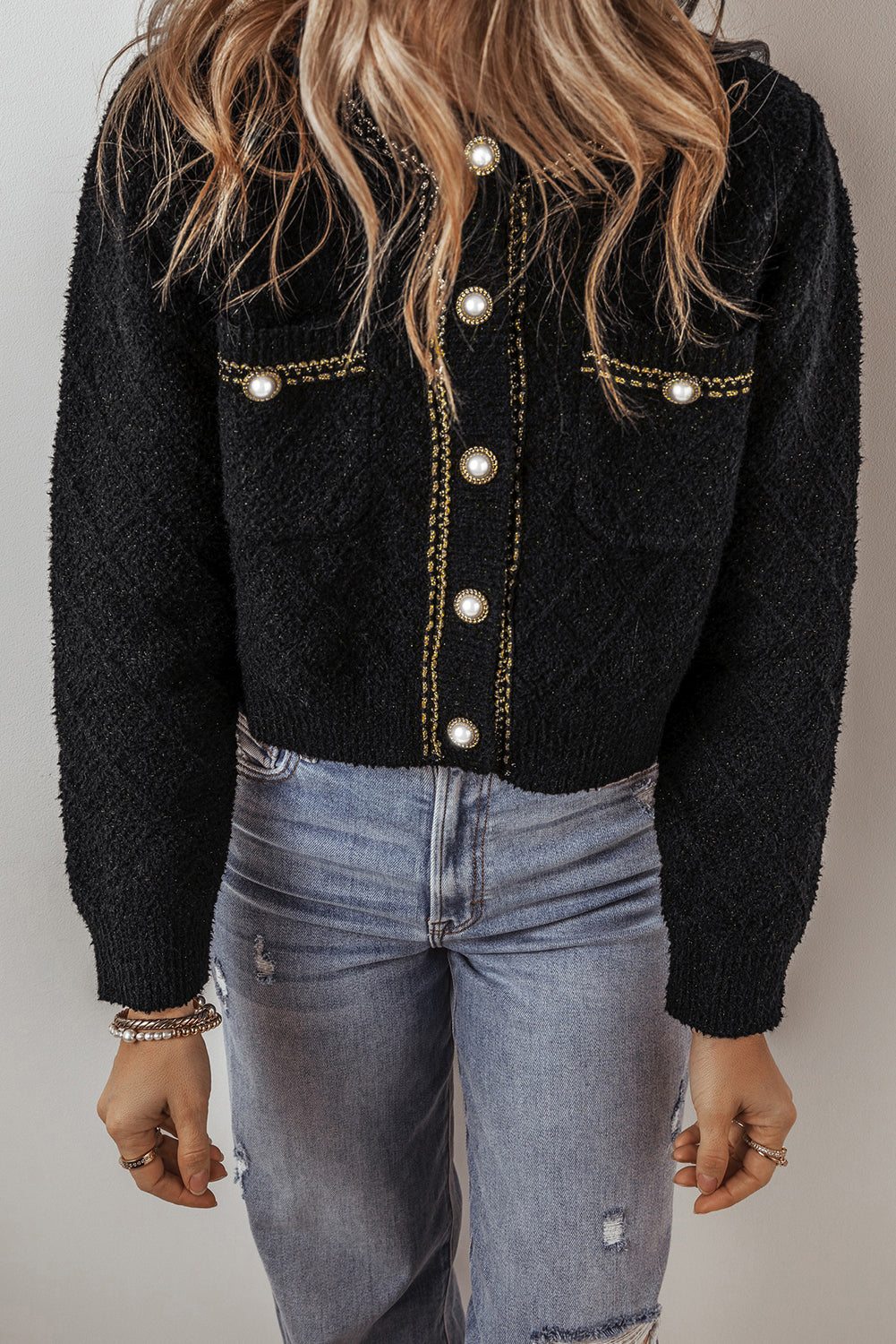 Black Shimmer Flap Pocket Button up Cardigan 🇨🇳