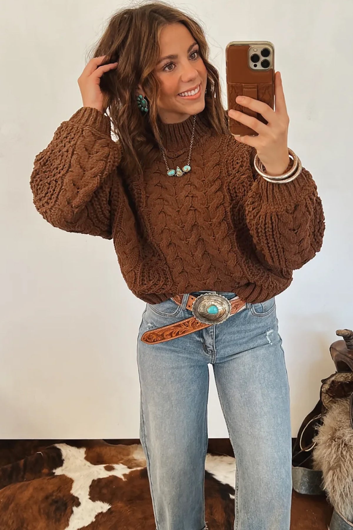 Coffee Solid Color Cable Knit High Neck Loose Pullover Sweater 🇺🇸