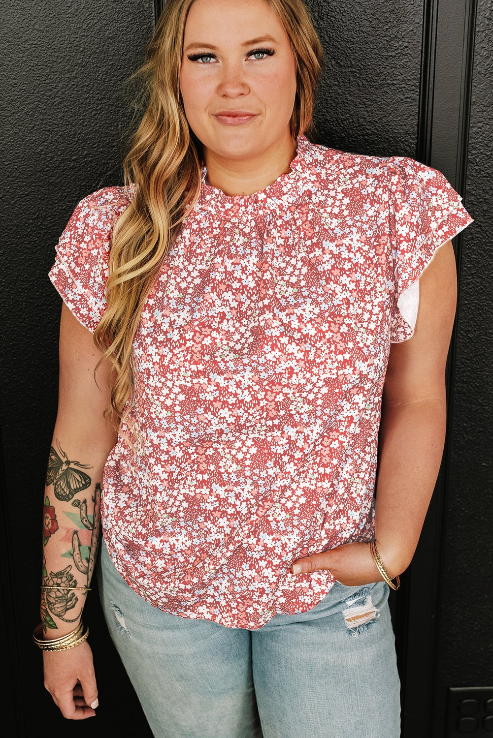 Pink Plus Size Floral Print Ruffled Sleeve Frilled Neck Blouse 🇺🇸