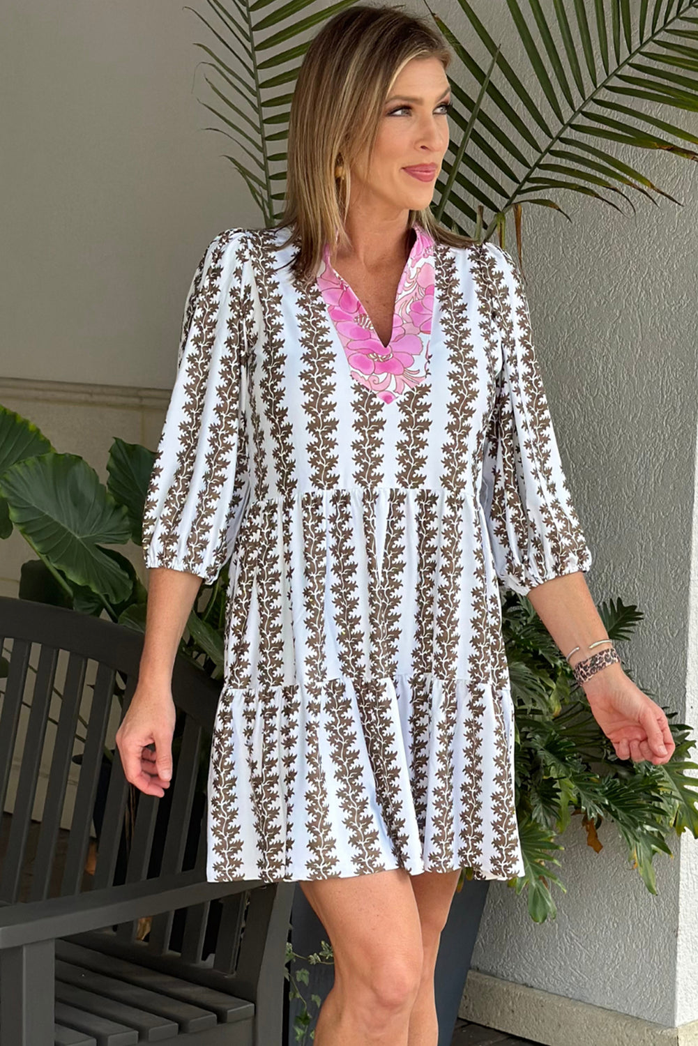 Black Contrast Floral V Neck Printed Bracelet Sleeve Dress 🇨🇳