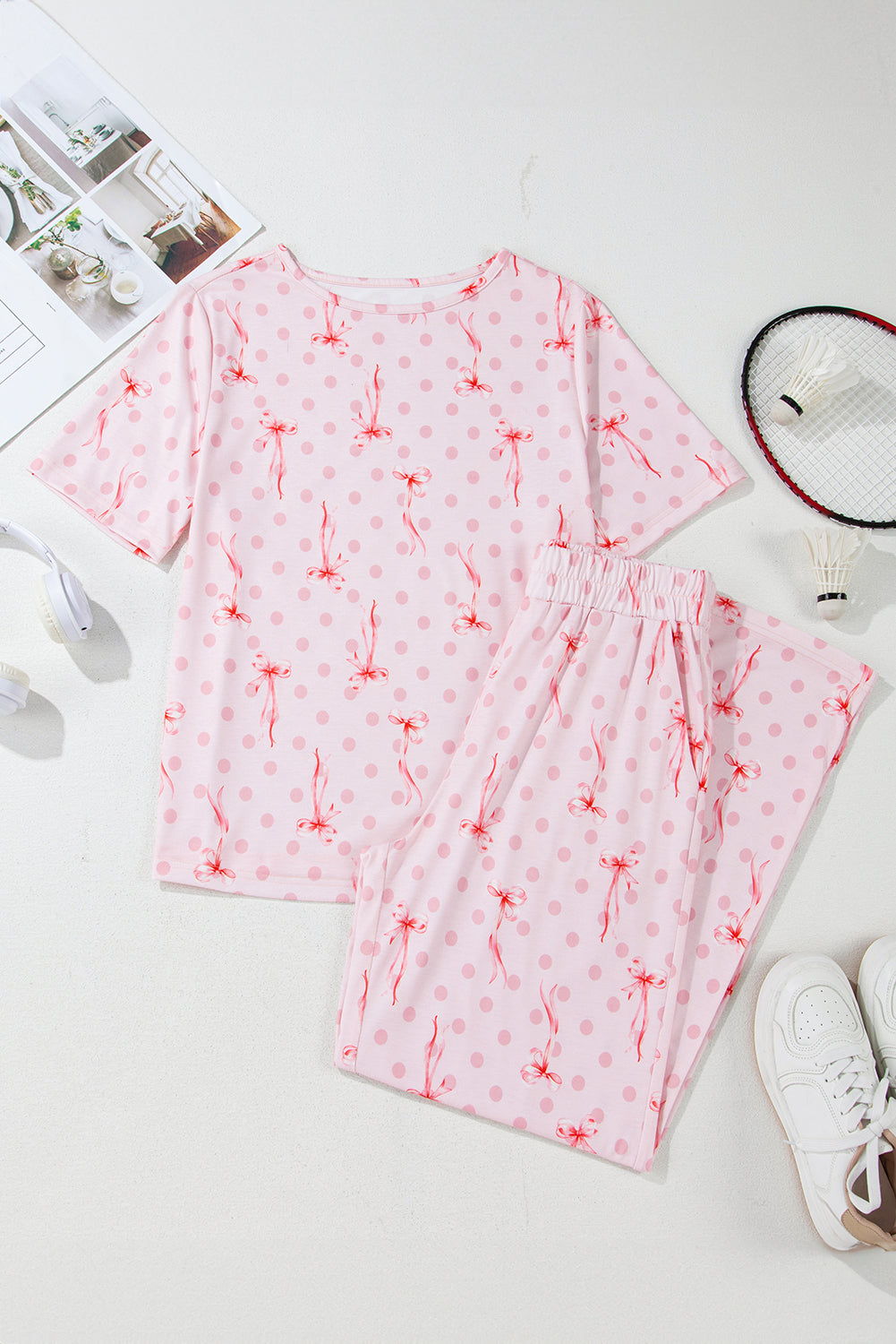 Pink Bow Knot Polka Dot Print Short Sleeve Top Lounge Set 🇺🇸