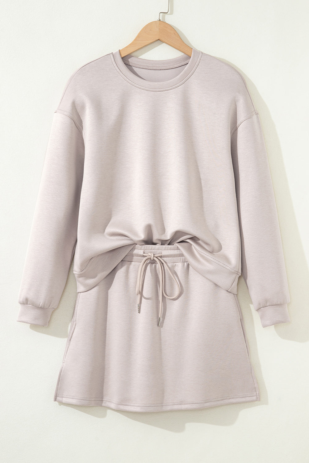 Jet Stream Solid Color Drop Shoulder Pullover Drawstring Mini Skirt 2pcs Outfit 🇺🇸