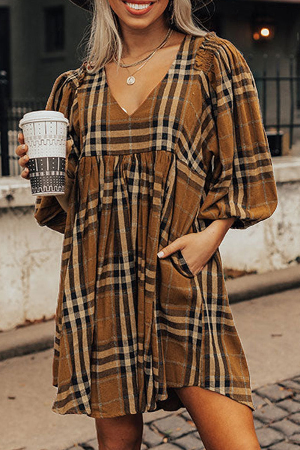 Brown Plaid Pattern Empire Waist Babydoll Dress 🇺🇸
