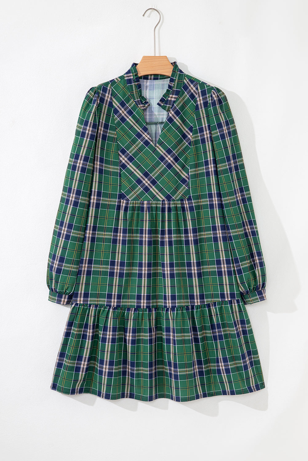 Green Plaid Print Frilly Collar Long Sleeve Shift Mini Dress 🇺🇸