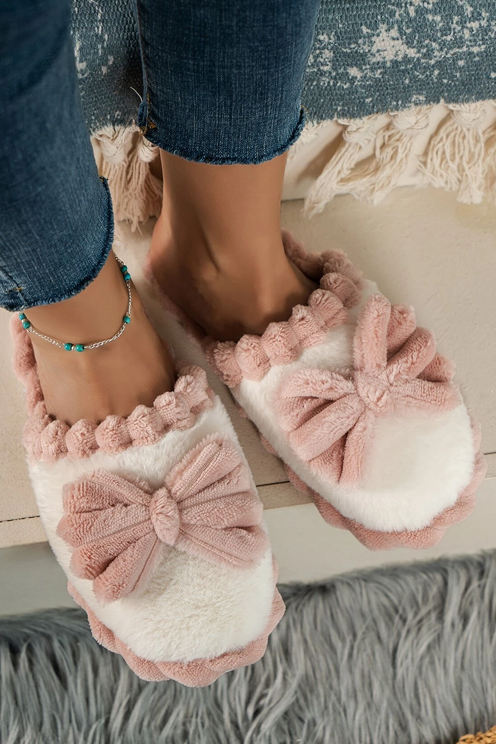 Fushia Bow Decor Color Block Ribbed Plush Slippers 🇨🇳