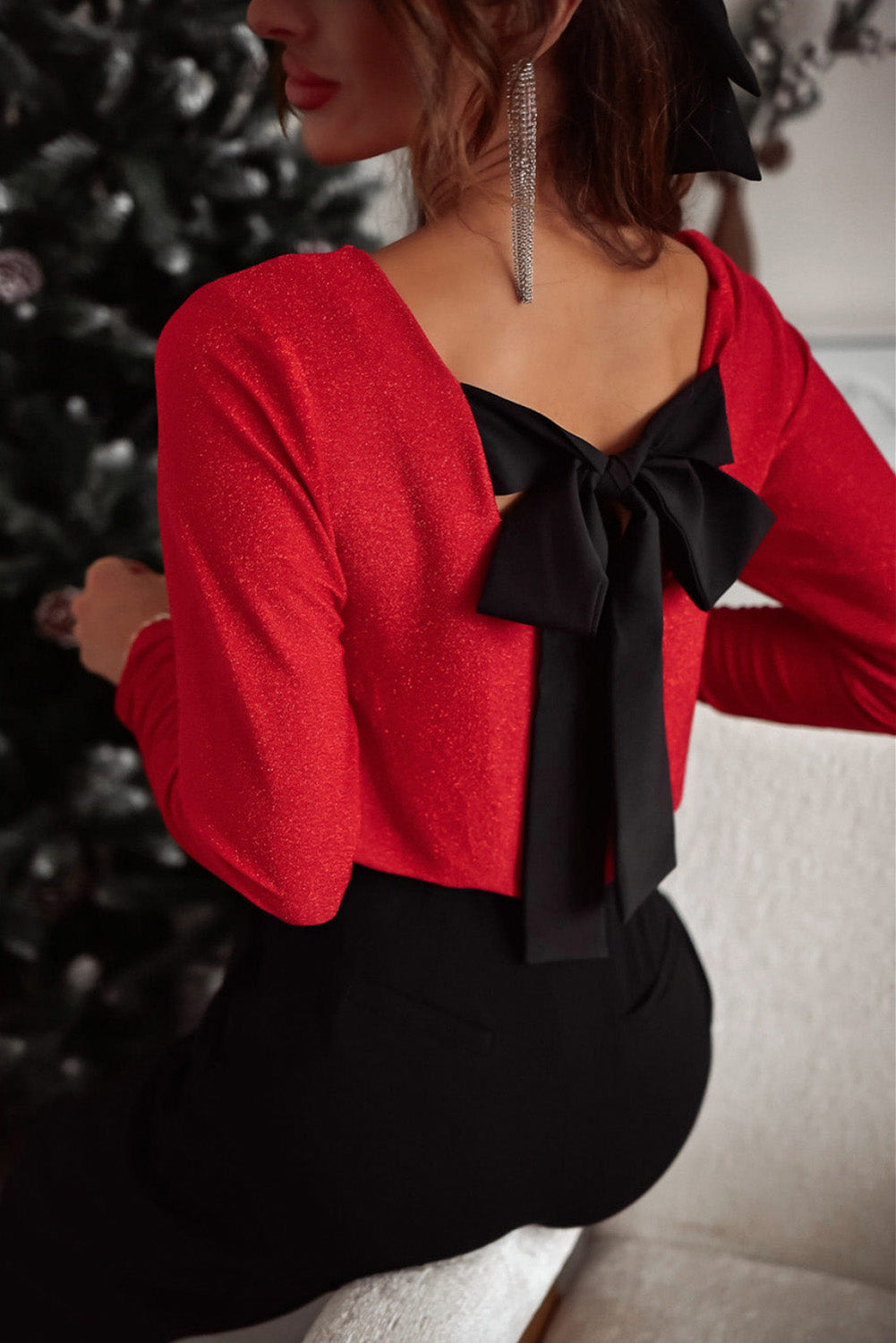 Racing Red Metallic Bowknot Open Back V Neck Top 🇺🇸