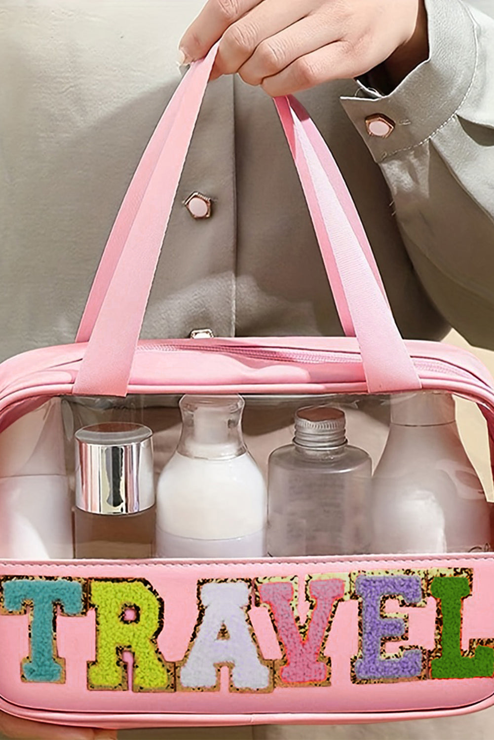 Light Pink TRAVEL Chenille Letter Clear PVC Makeup Bag 🇺🇲