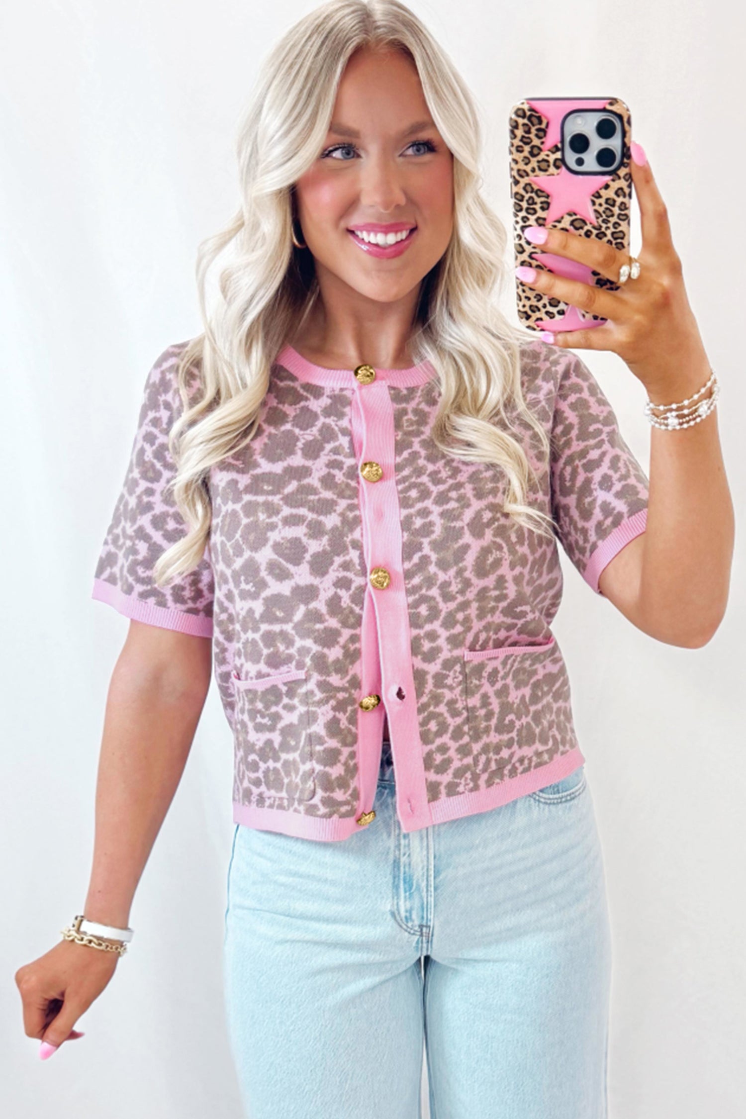 Pink Leopard Button Down Short Sleeve Sweater Cardigan 🇺🇸