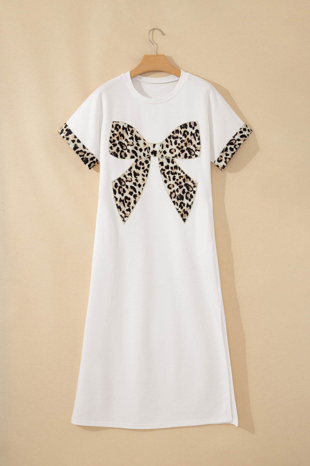 White Contrast Leopard Bow Patched Short Sleeve T Shirt Long Dress 🇺🇸