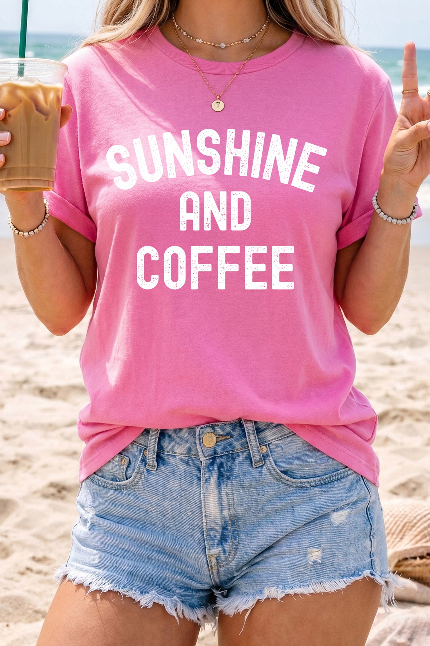 Sachet Pink SUNSHINE AND COFFEE Summer Beachwear Graphic Tee 🇺🇸